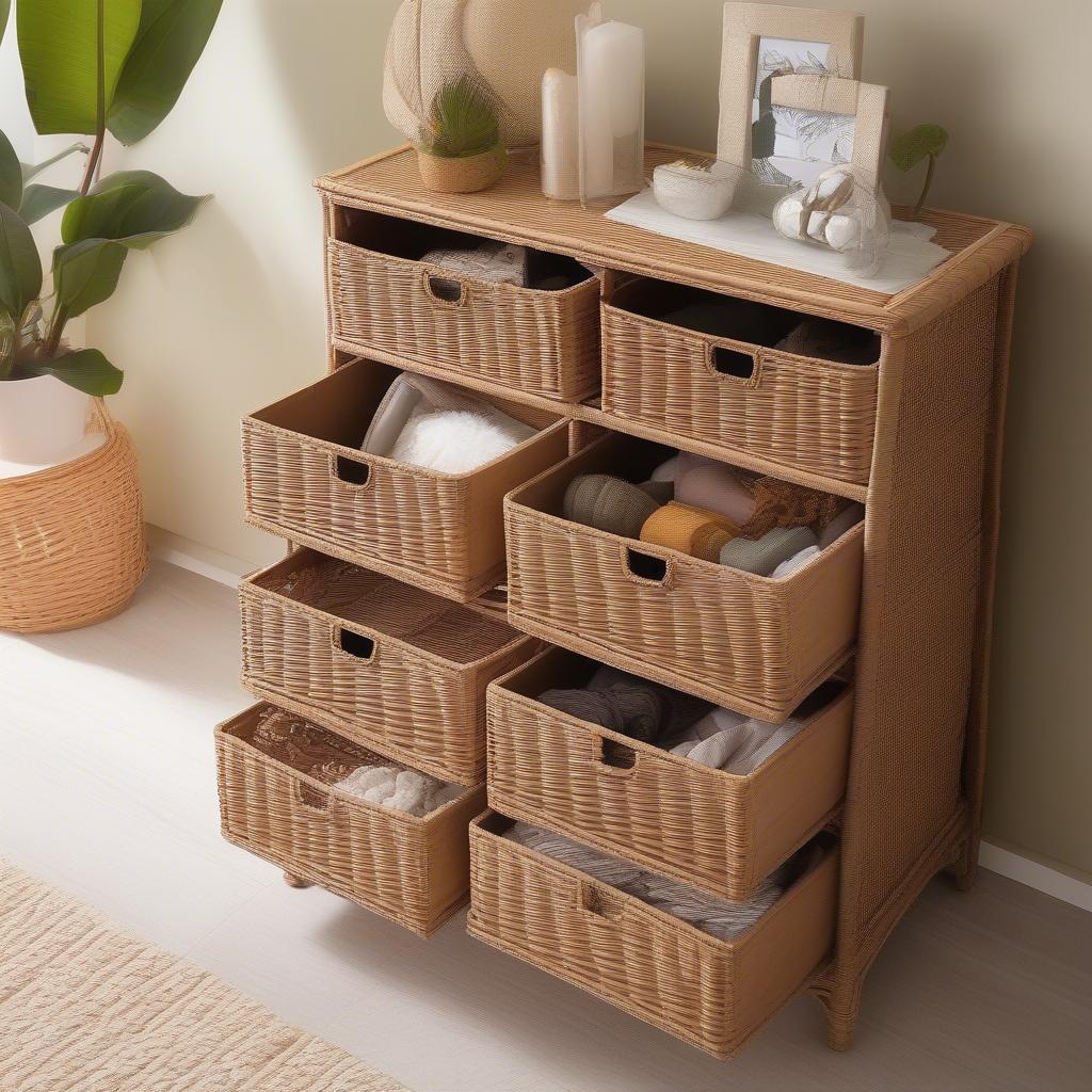 Full screen sei 5-drawer wicker storage chest in a living room setting