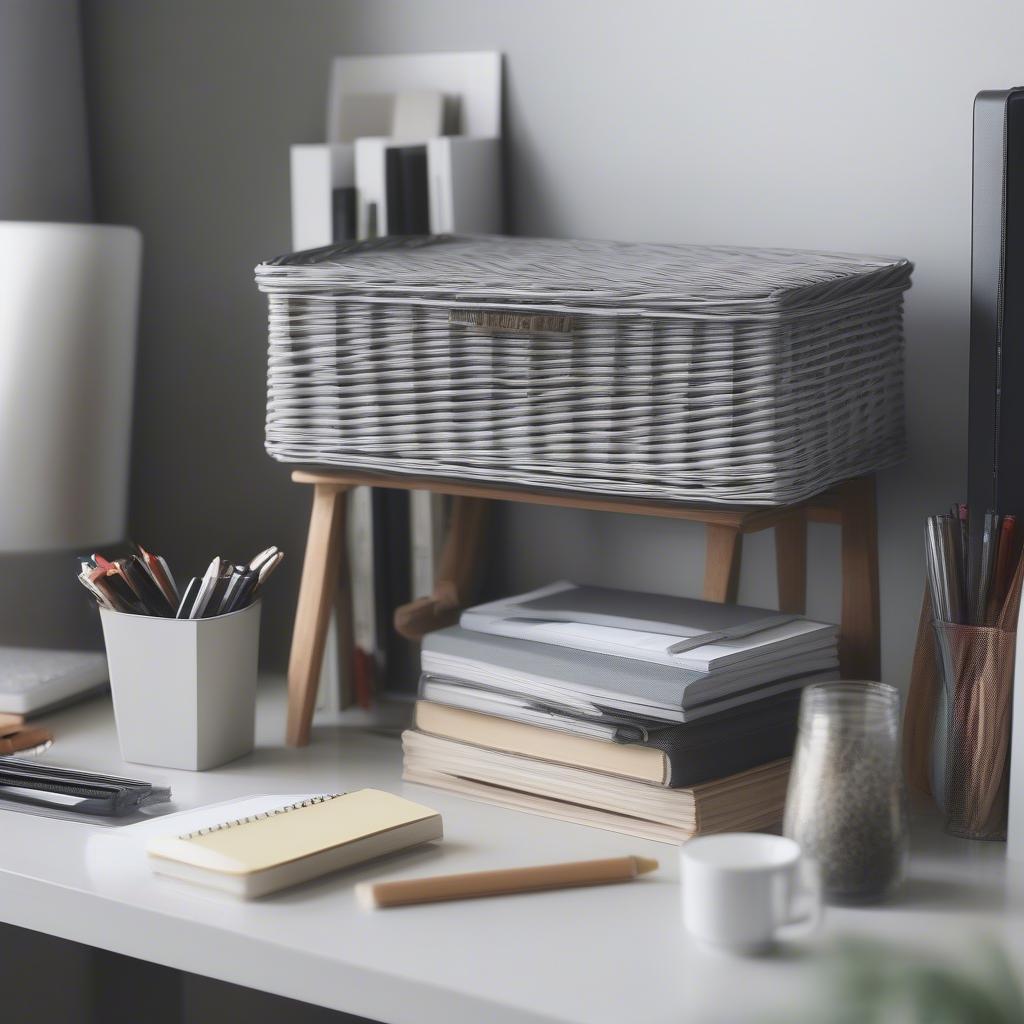 Gray Wicker Basket in Home Office