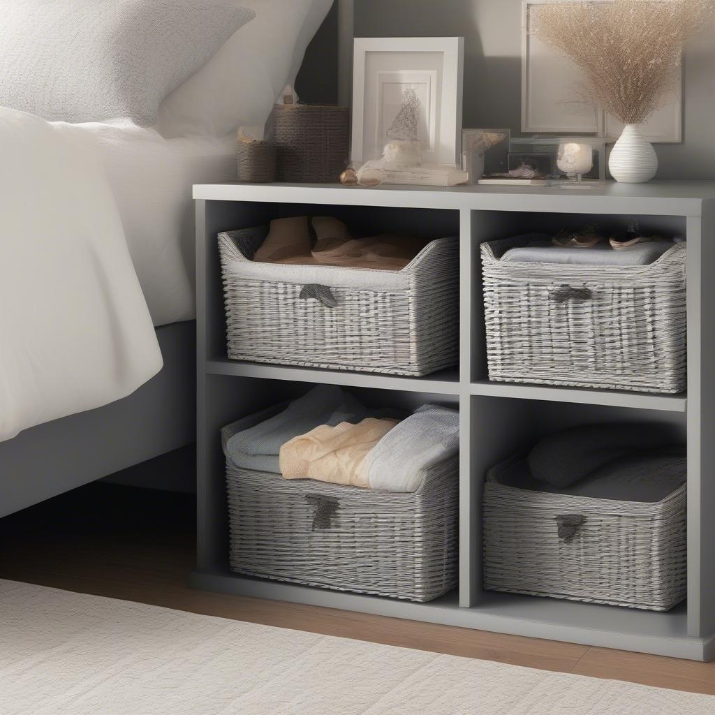 Gray wicker storage baskets used for bedroom organization