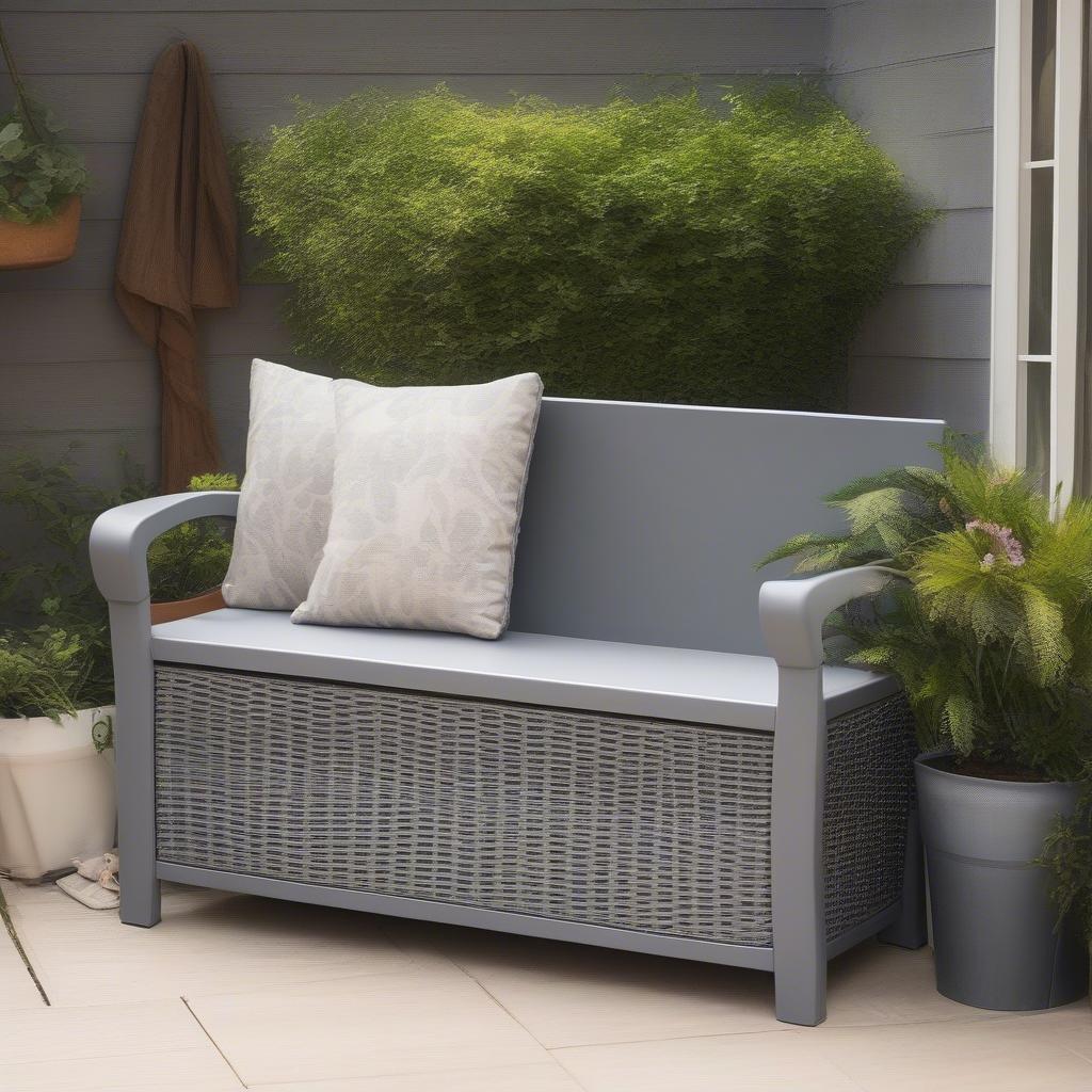 Gray Wicker Outdoor Storage Bench on Patio