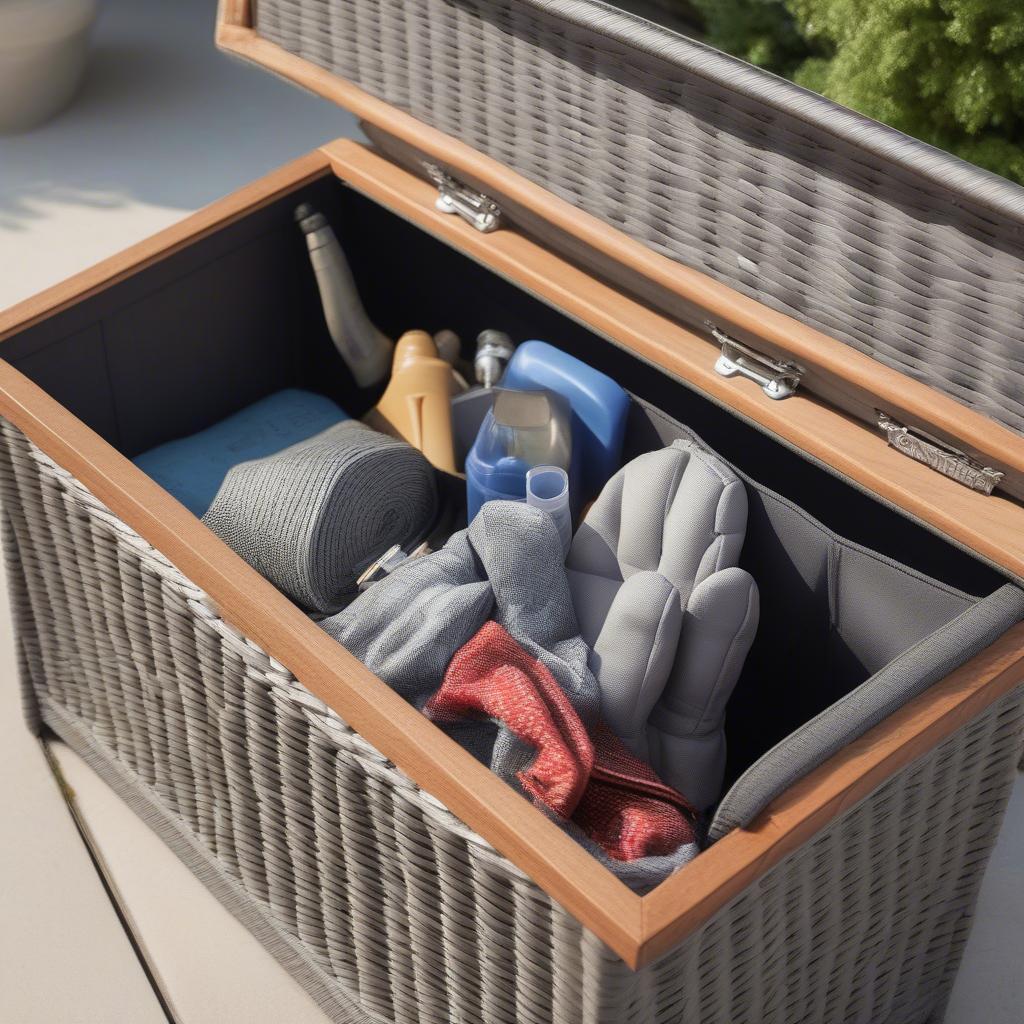 Gray Wicker Outdoor Storage Bench Organized