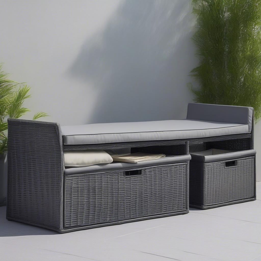 Gray Wicker Outdoor Storage Bench Size Comparison