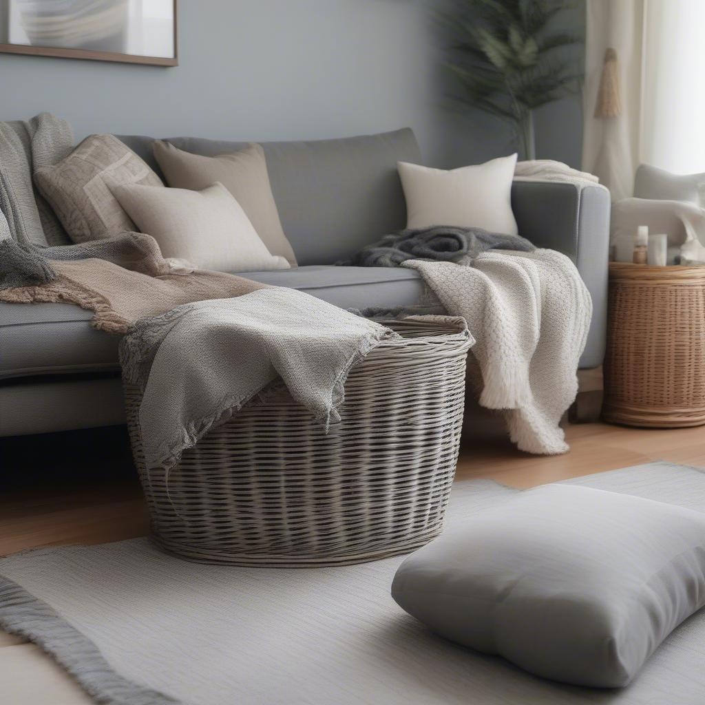 Gray Wicker Storage Basket in Living Room