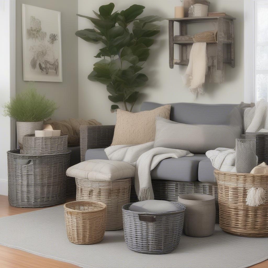 Gray wicker storage baskets in a living room setting