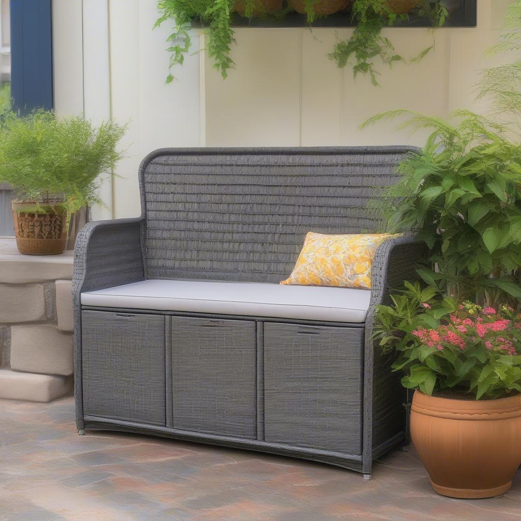 Gray Wicker Storage Bench Patio Setting