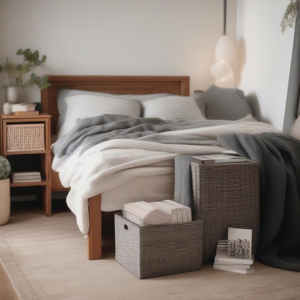 Gray Wicker Storage Cubes in a Bedroom Setting