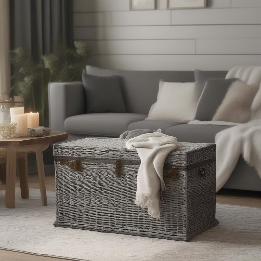 Gray wicker storage trunk in a living room setting