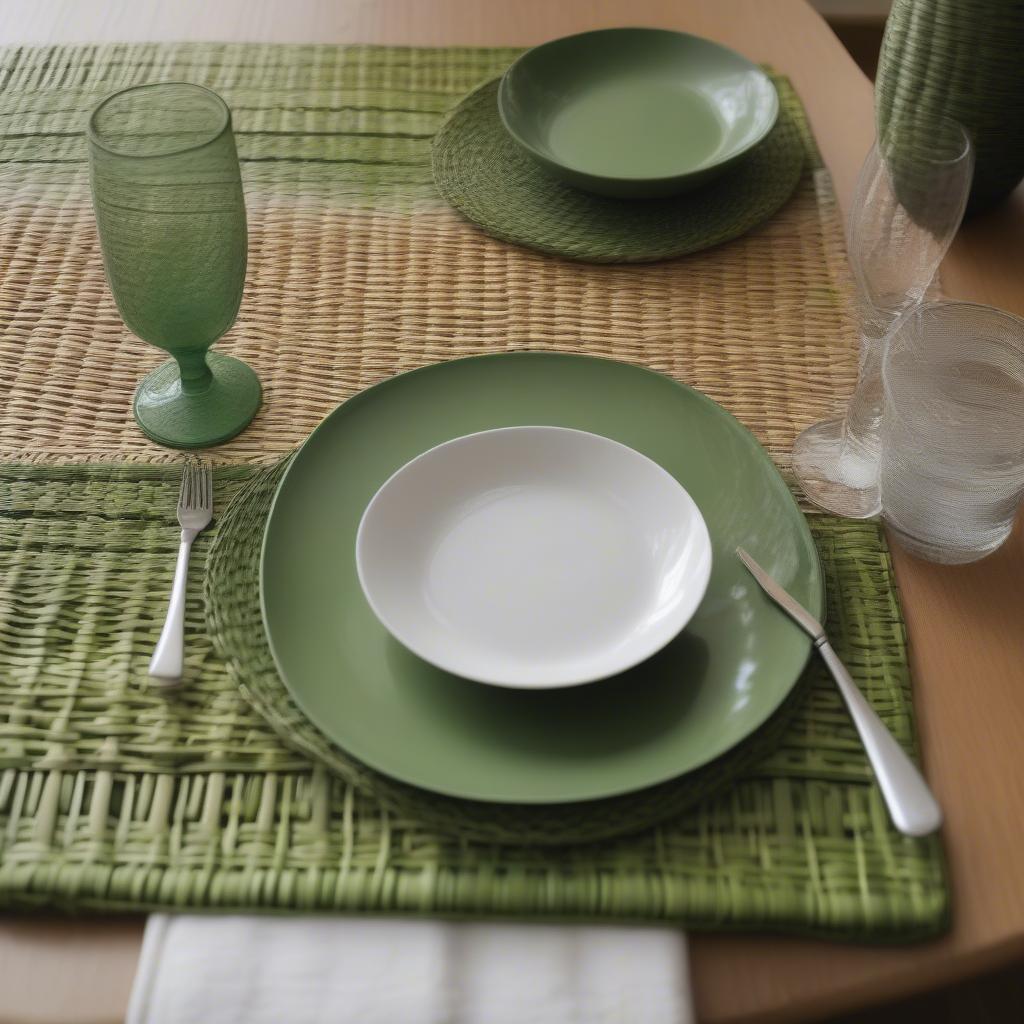 Green round wicker placemats beautifully arranged on a dining table, adding a touch of natural elegance.