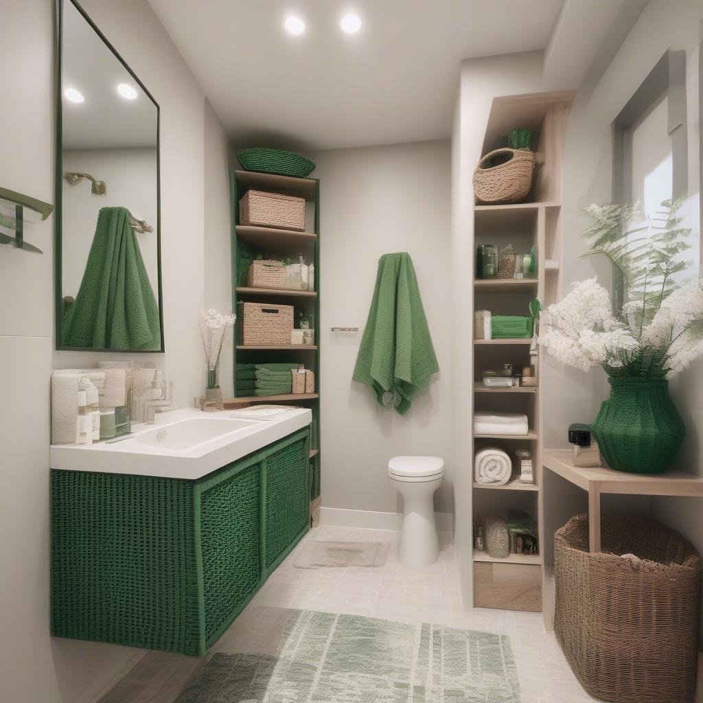 Green wicker baskets in a bathroom