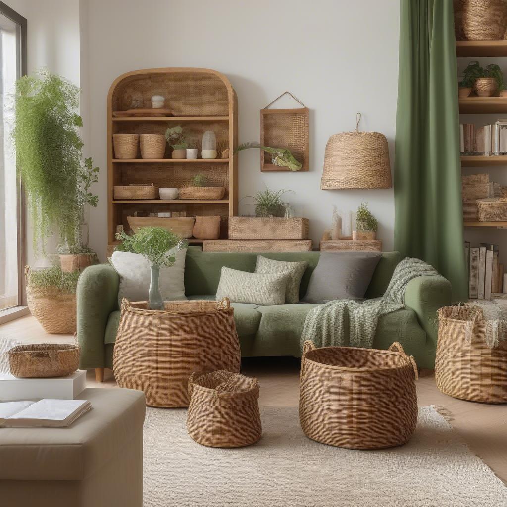 Green wicker baskets in a living room setting