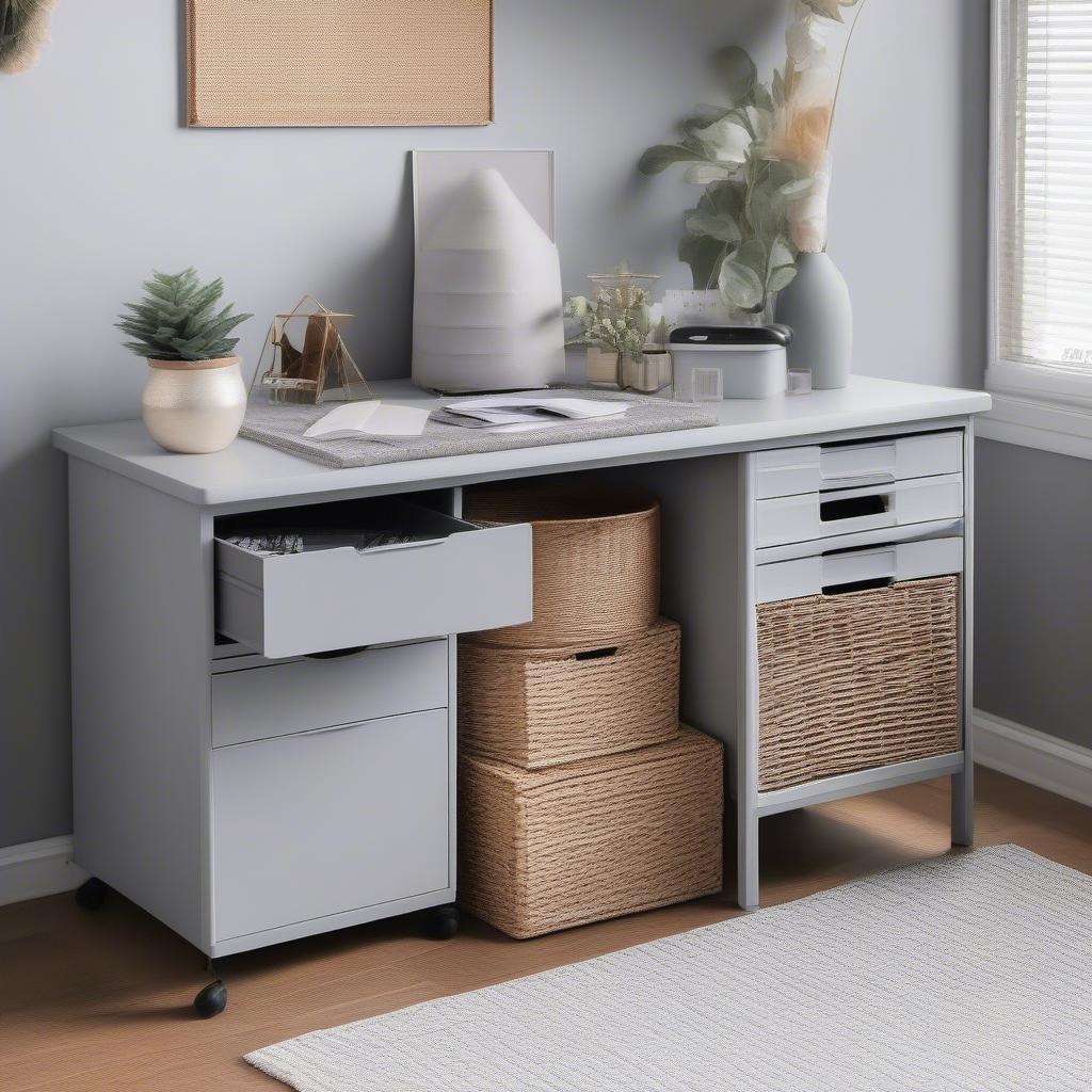 Grey plastic wicker cabinet in a home office setting, showcasing its practicality and versatility.