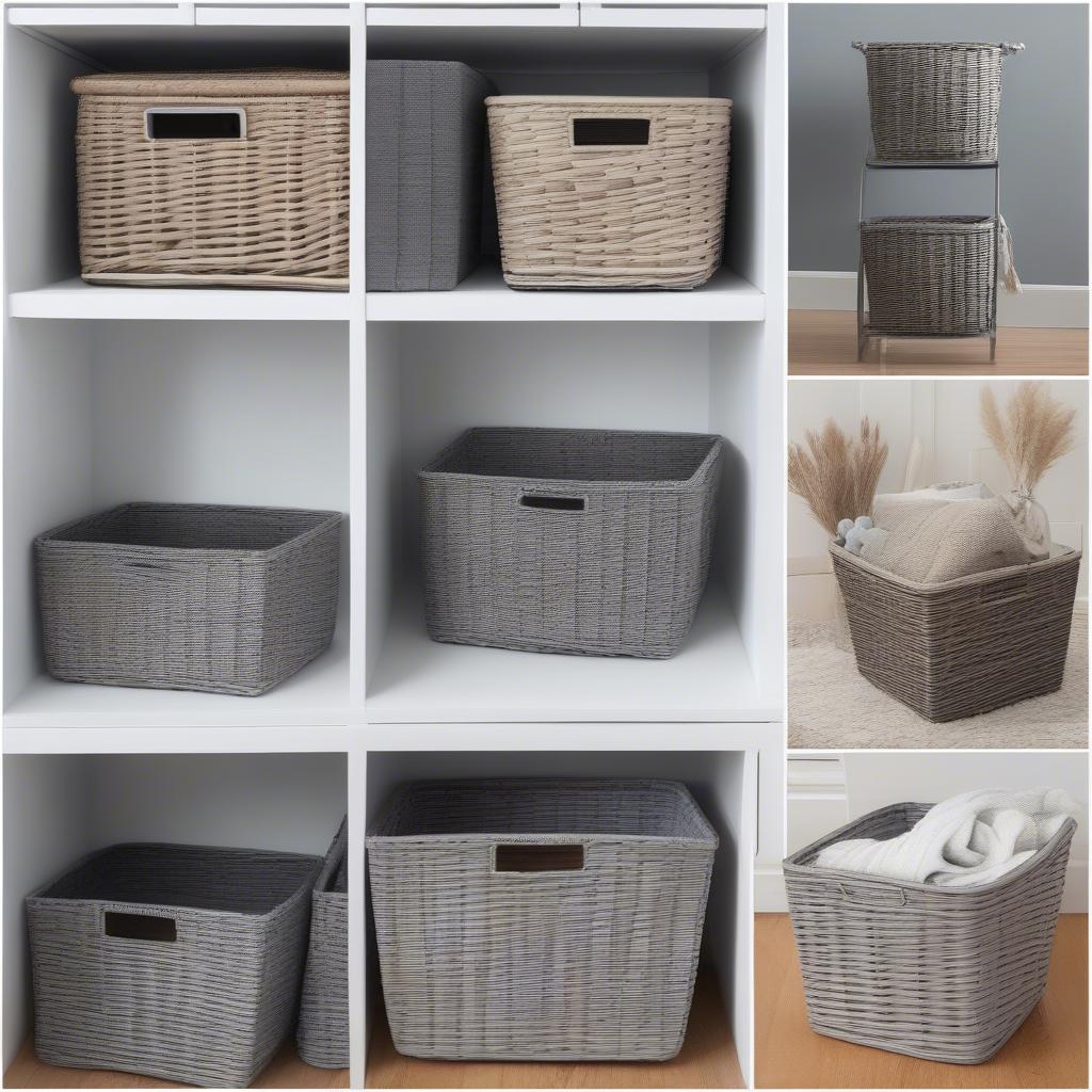 Grey wash wicker baskets used for storage in different rooms of a house.