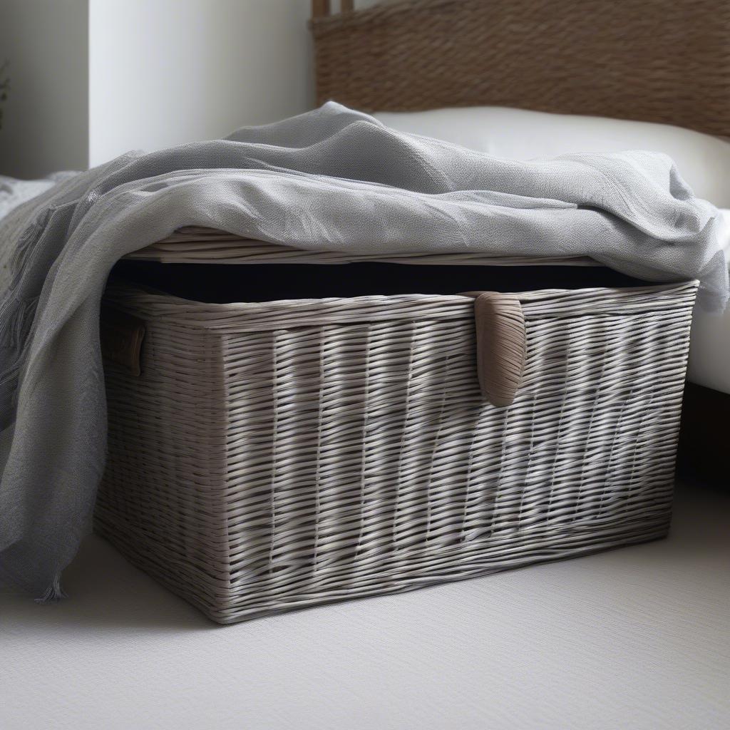 Grey Wash Wicker Storage Trunk Basket at the Foot of the Bed