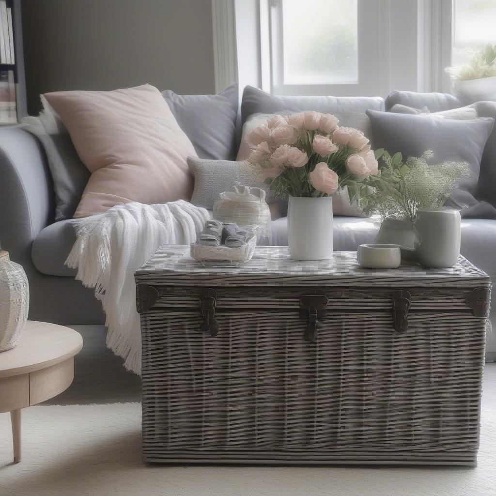 Grey Wash Wicker Storage Trunk Basket as a Coffee Table