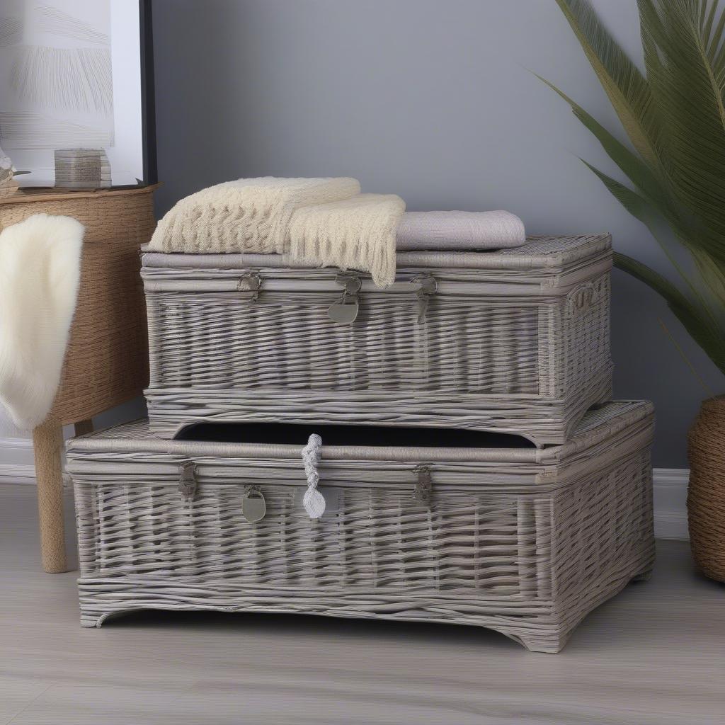 Different Sizes of Grey Wash Wicker Storage Trunk Baskets