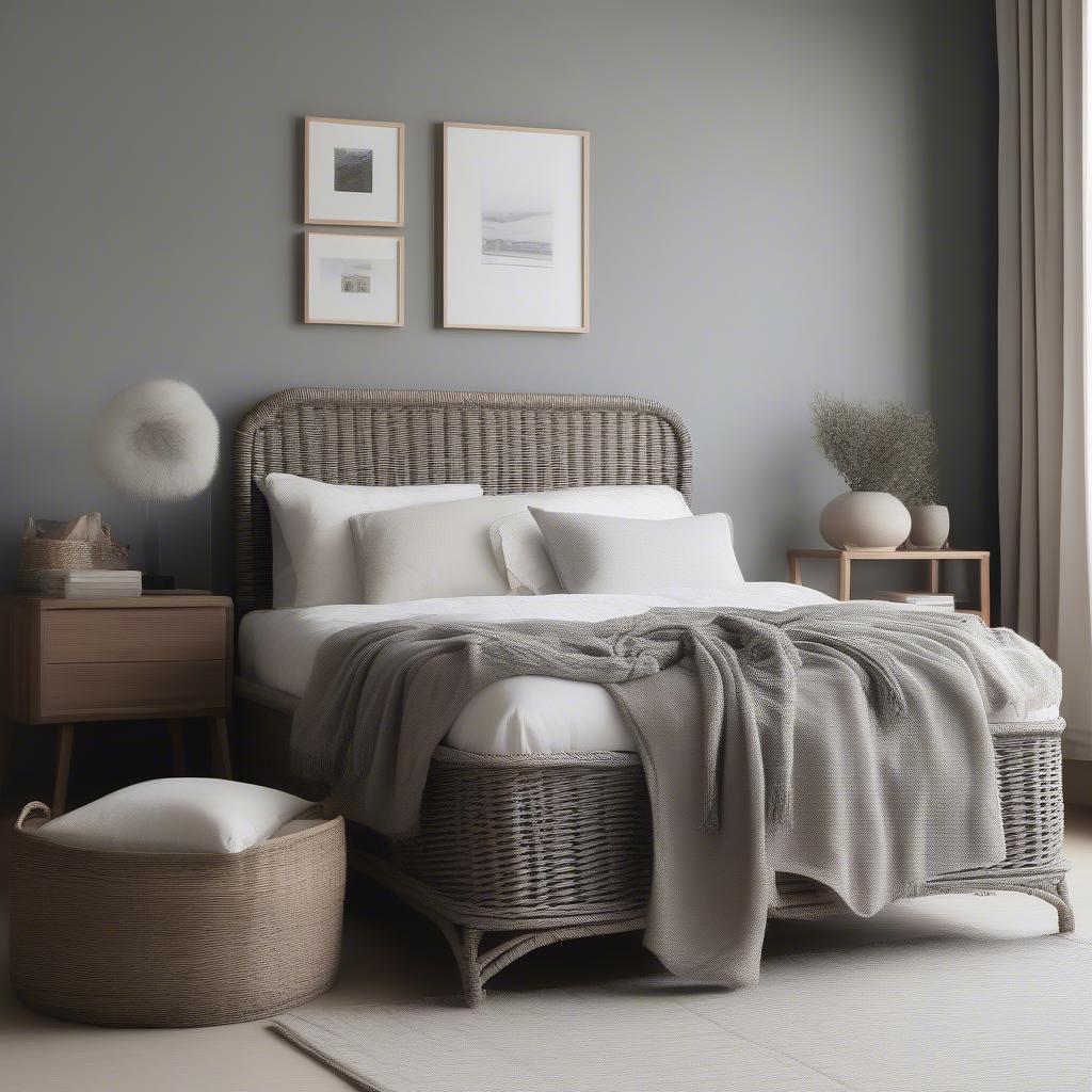 Grey wicker basket used for storage in a bedroom