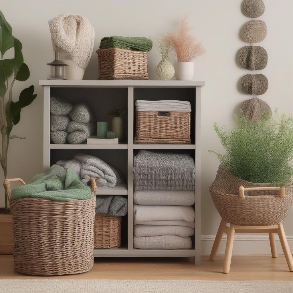 Grey wicker basket storage unit in a living room setting