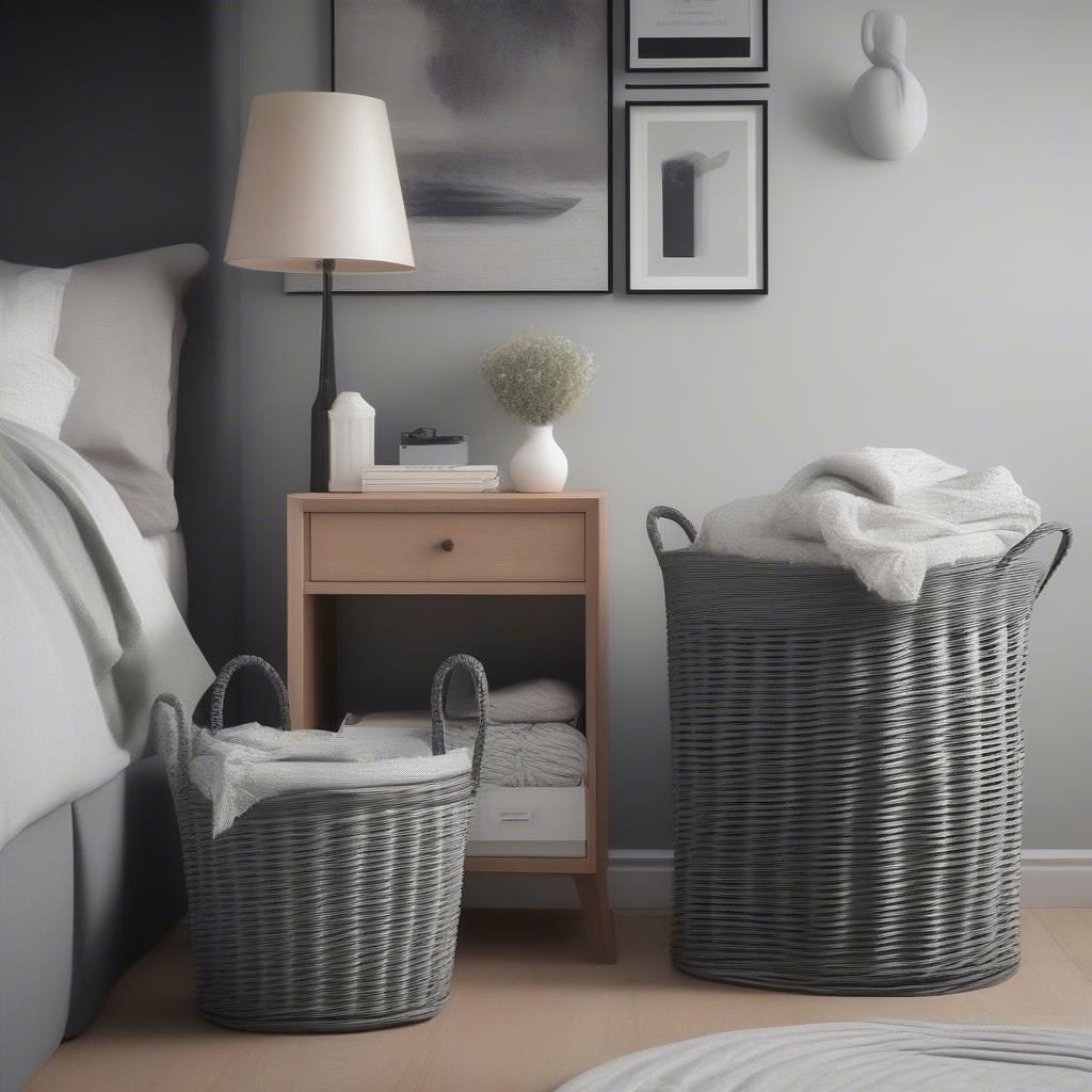 Grey wicker baskets used for storage in a bedroom