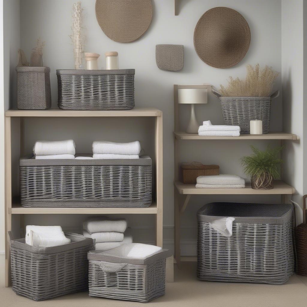 Grey Wicker Baskets Used in Different Rooms for Storage and Decor