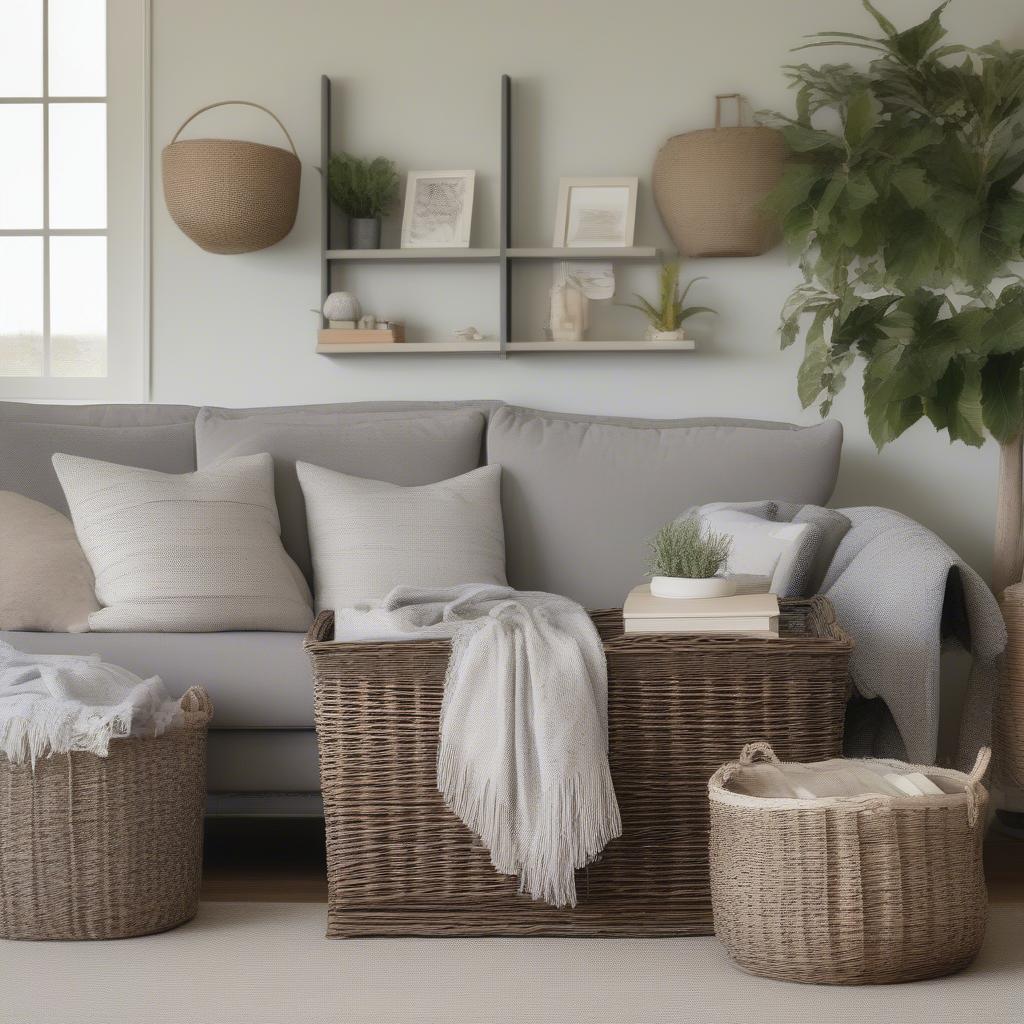 Grey wicker baskets used as storage in a living room setting