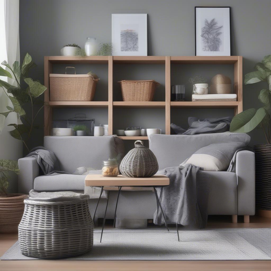 Grey wicker baskets in a small apartment