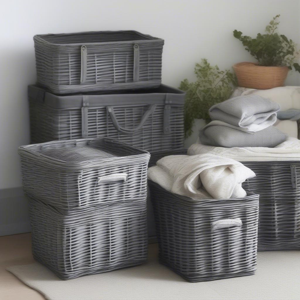 Various Grey Wicker Storage Baskets in Different Sizes and Styles