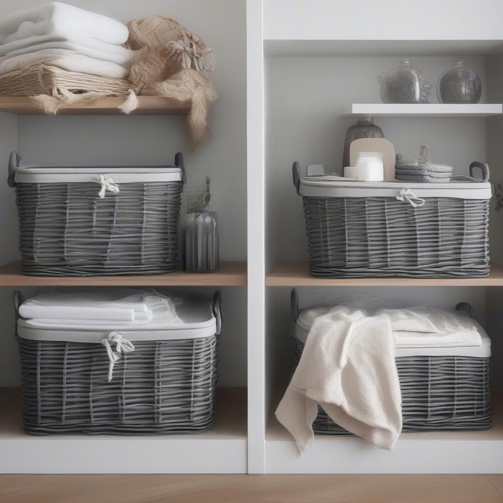 Grey Wicker Storage Baskets Featuring Handles and Lids