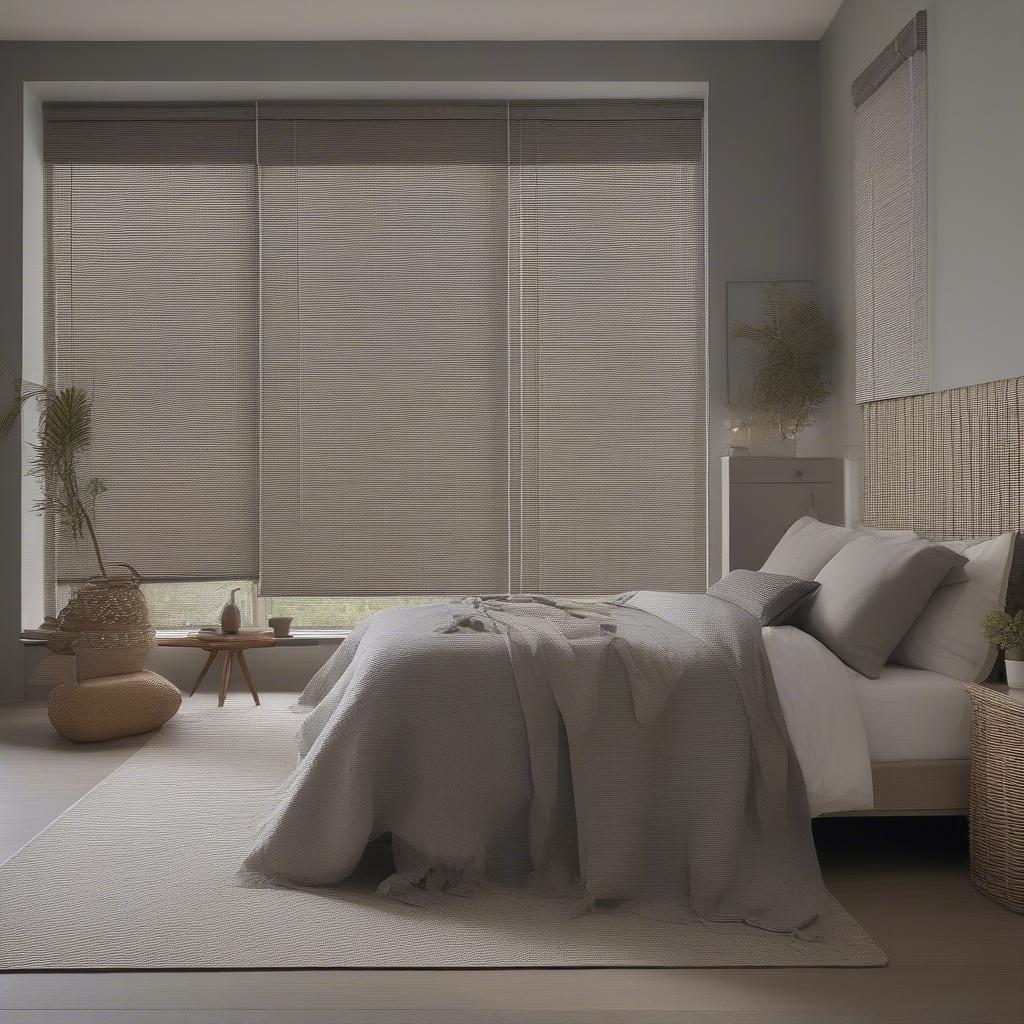 Grey wicker blinds in a bedroom setting