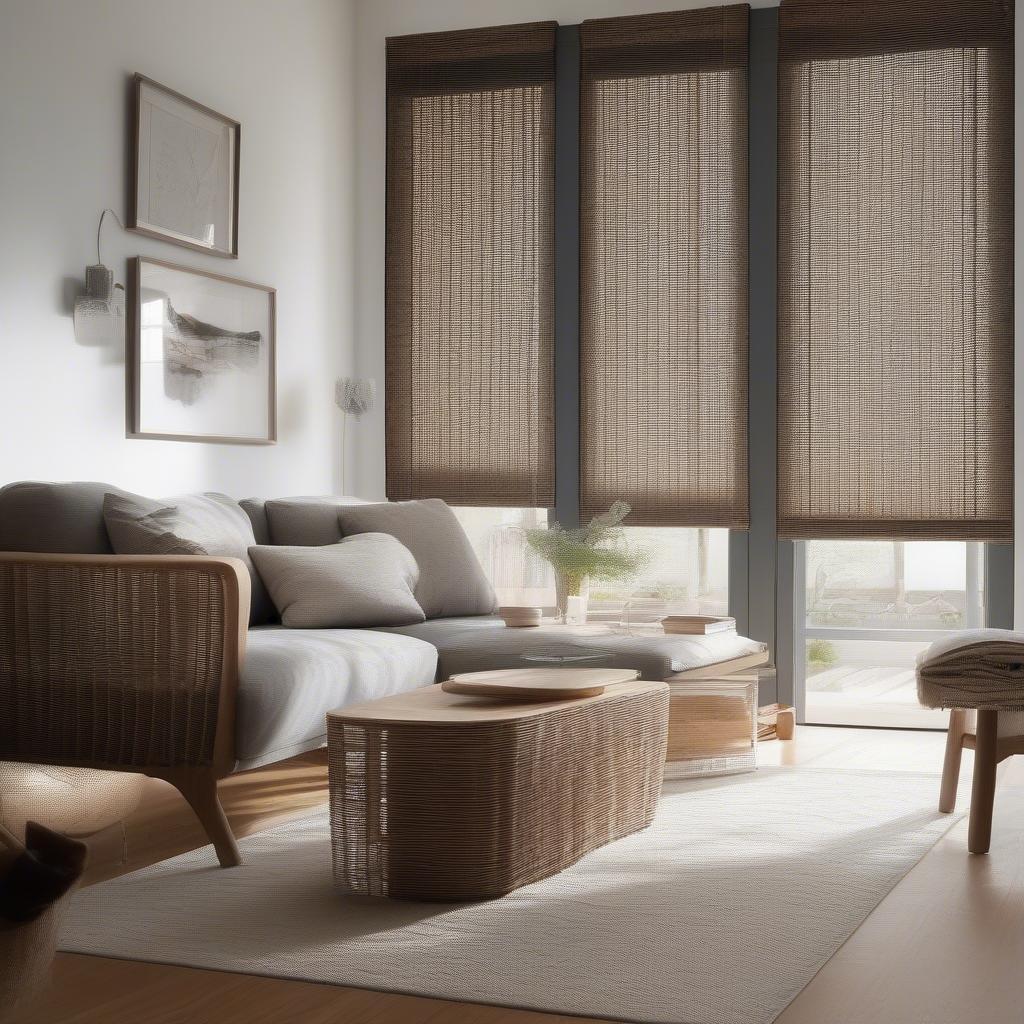 Grey wicker blinds in a living room setting