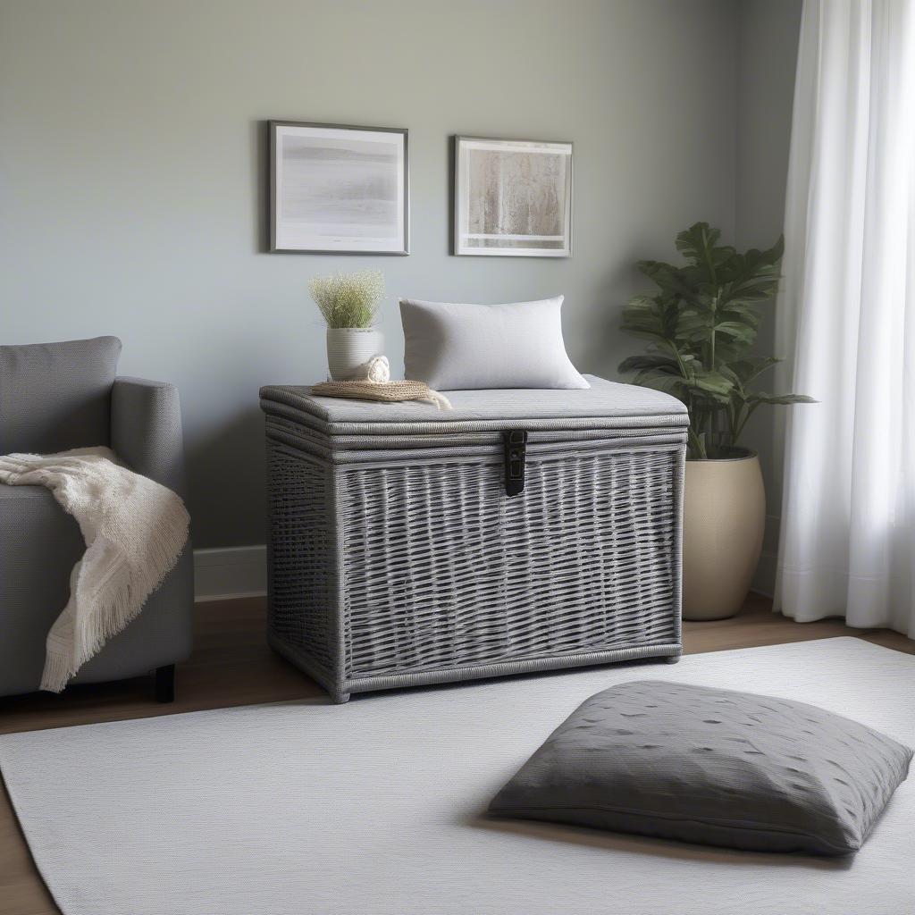 Grey wicker storage chest in a bedroom setting