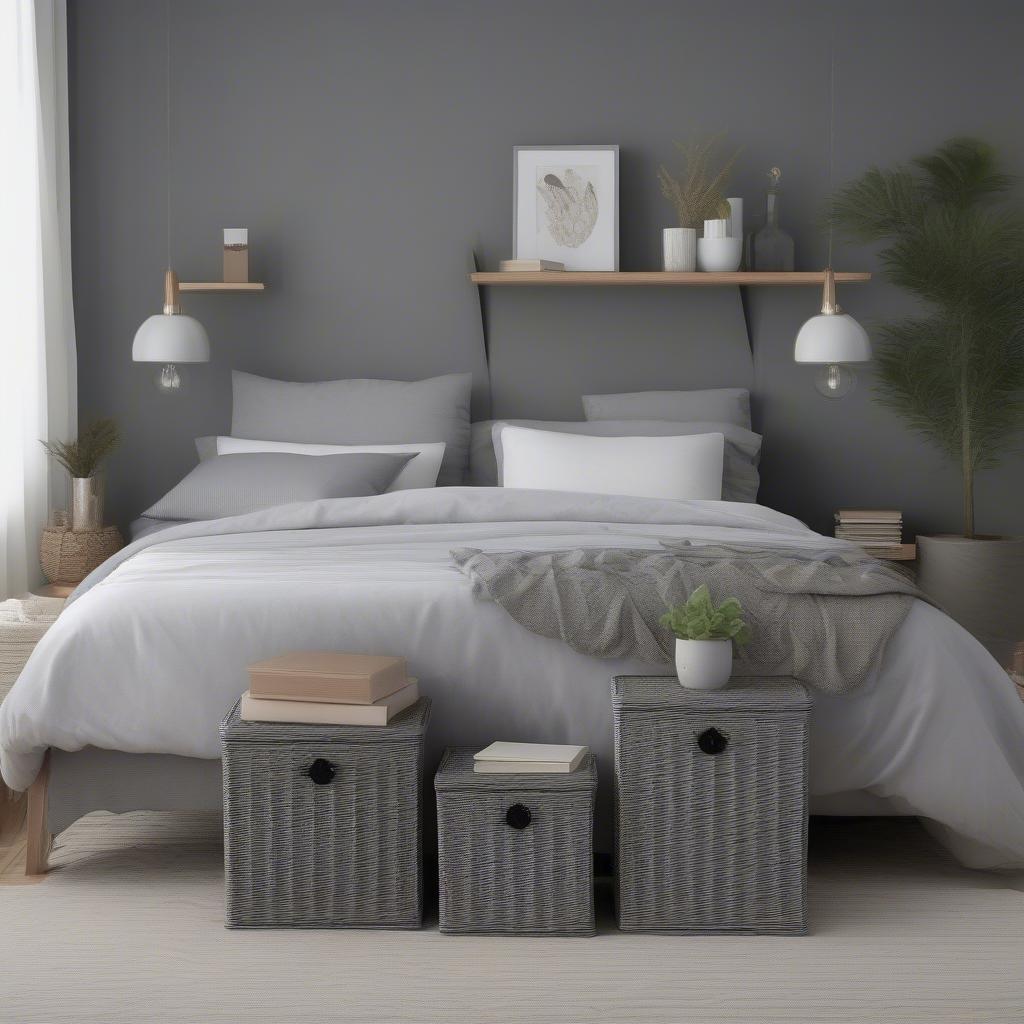 Grey wicker cube storage boxes used as nightstands in a bedroom