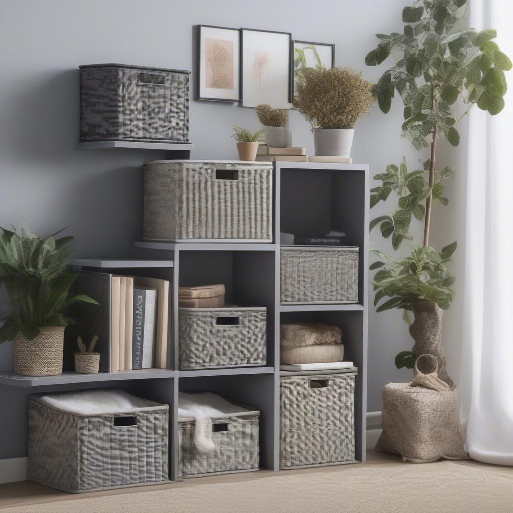 Grey wicker cube storage boxes in a living room setting