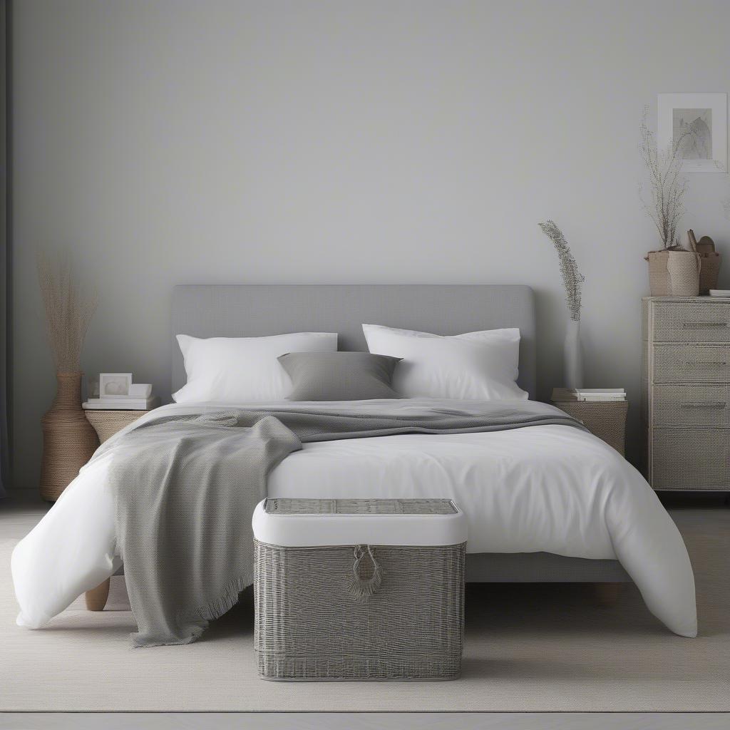 Grey wicker hamper in a bedroom