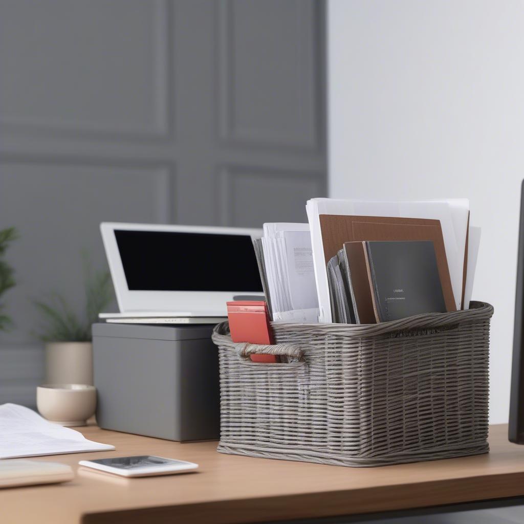 Grey wicker magazine holder used for file storage in a home office