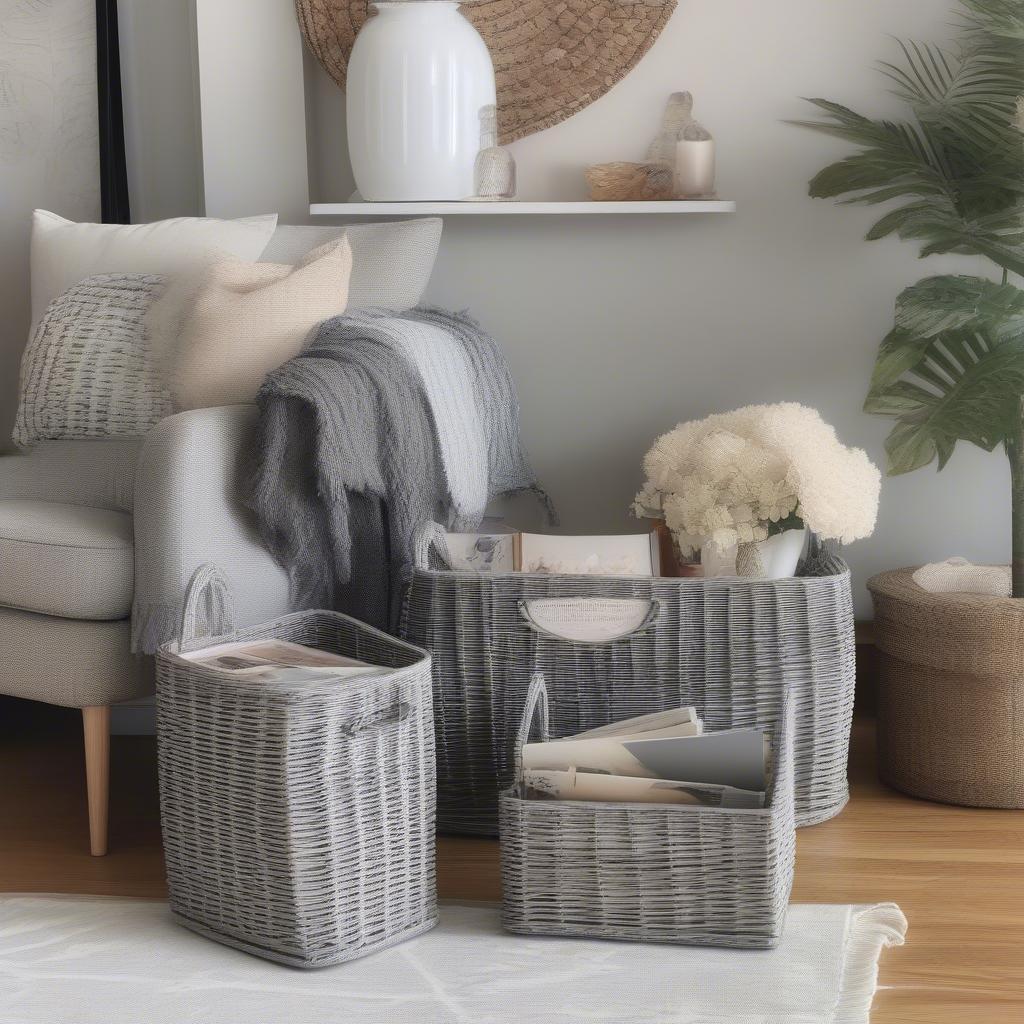 Grey wicker magazine holder in a modern living room setting