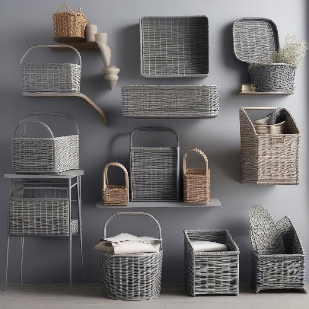 Grey wicker magazine holders in different shapes and sizes