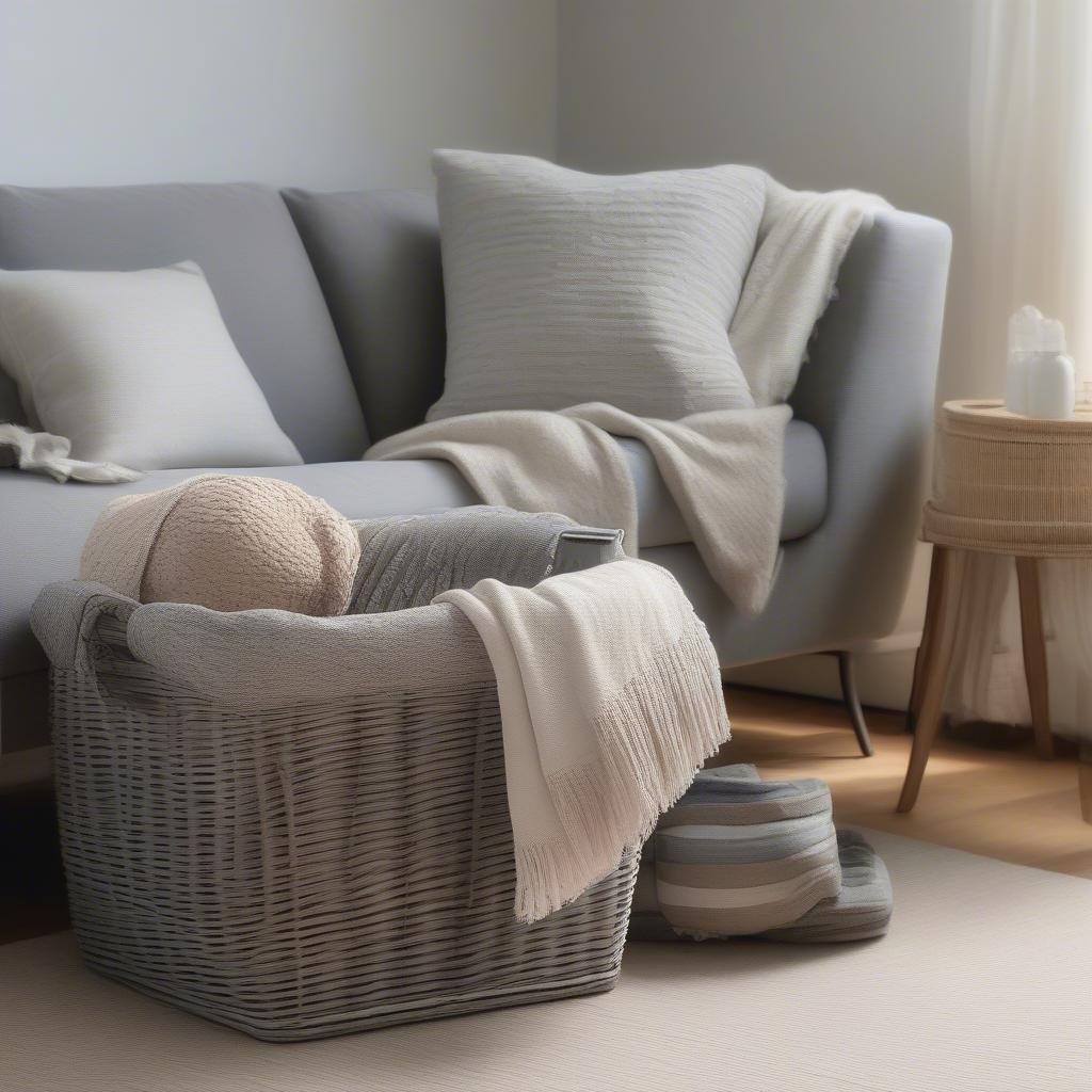 Grey wicker storage basket with lid in a living room setting