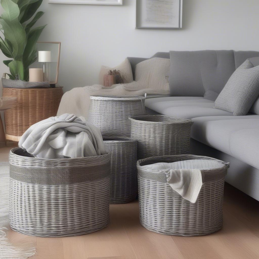 Grey wicker storage baskets in a living room setting