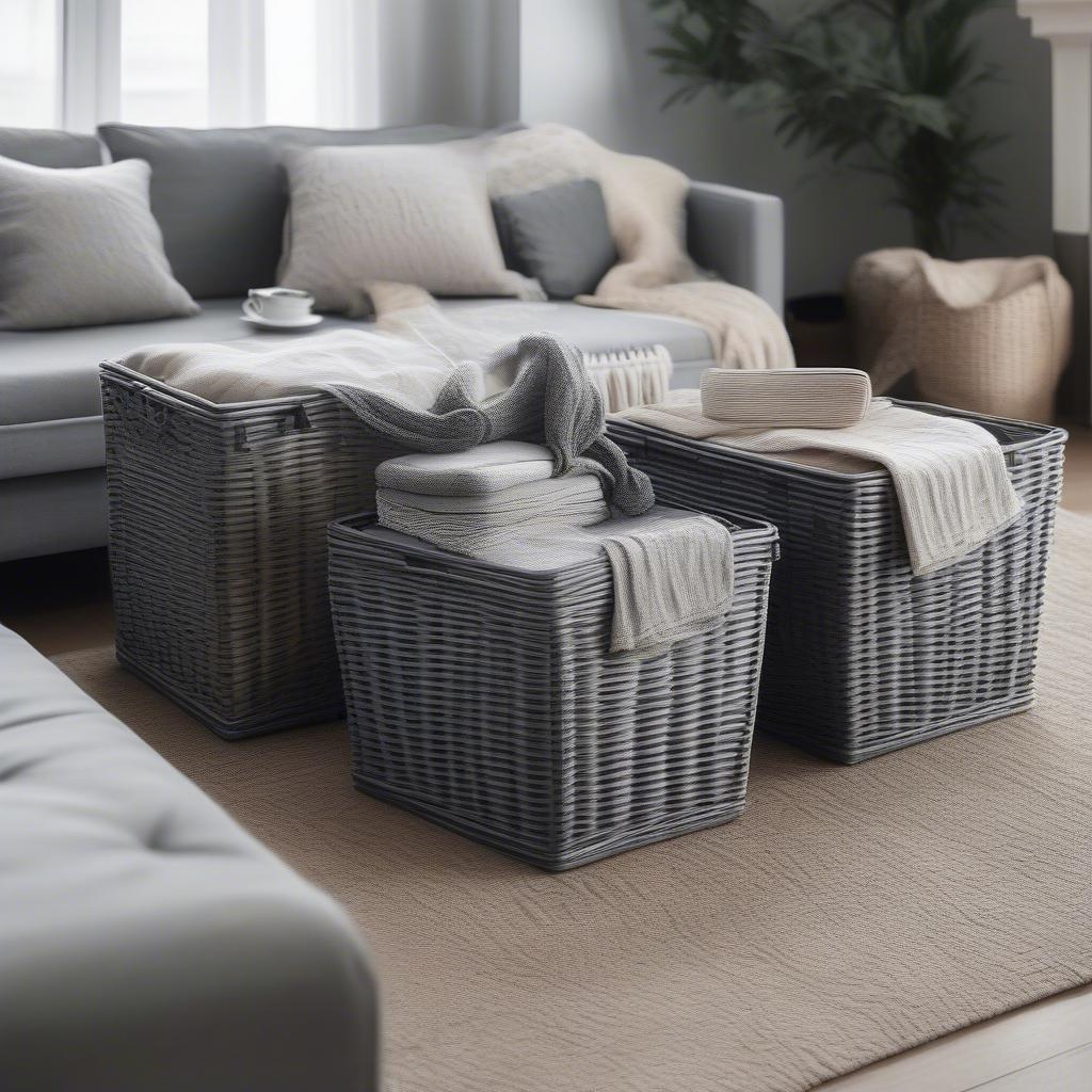 Grey Wicker Storage Baskets in Living Room