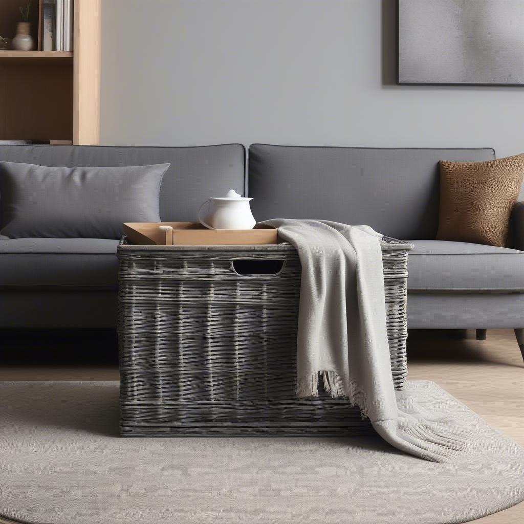 Grey wicker storage box in a living room setting