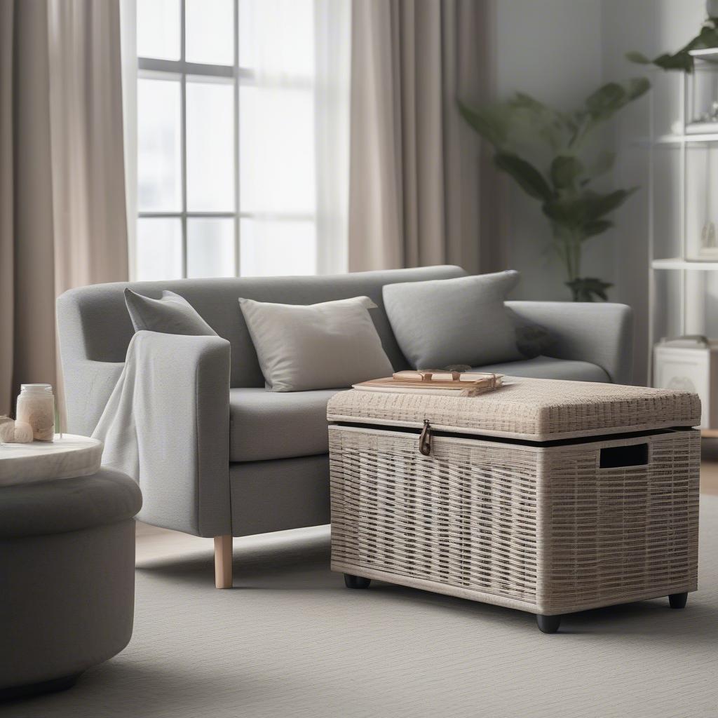 Grey wicker storage box in a living room