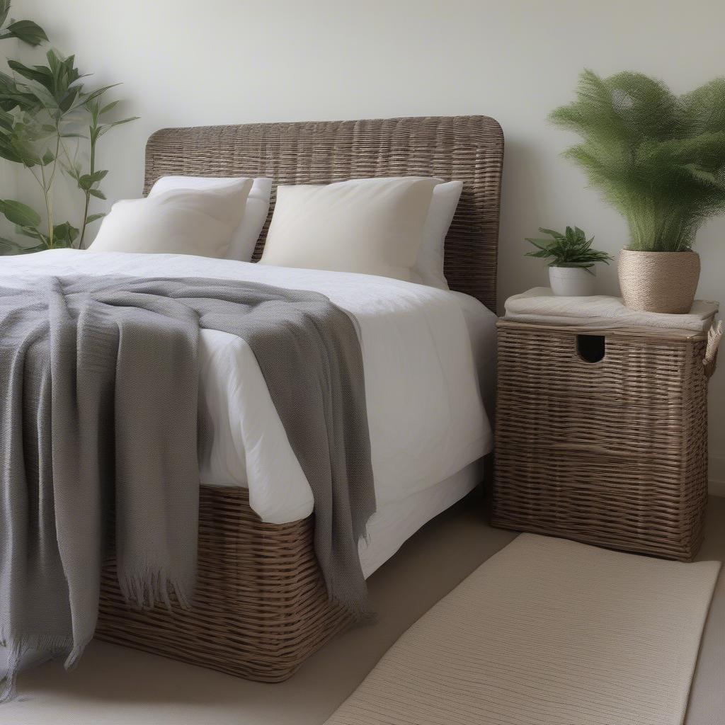 Grey Wicker Storage Chest in a Bedroom