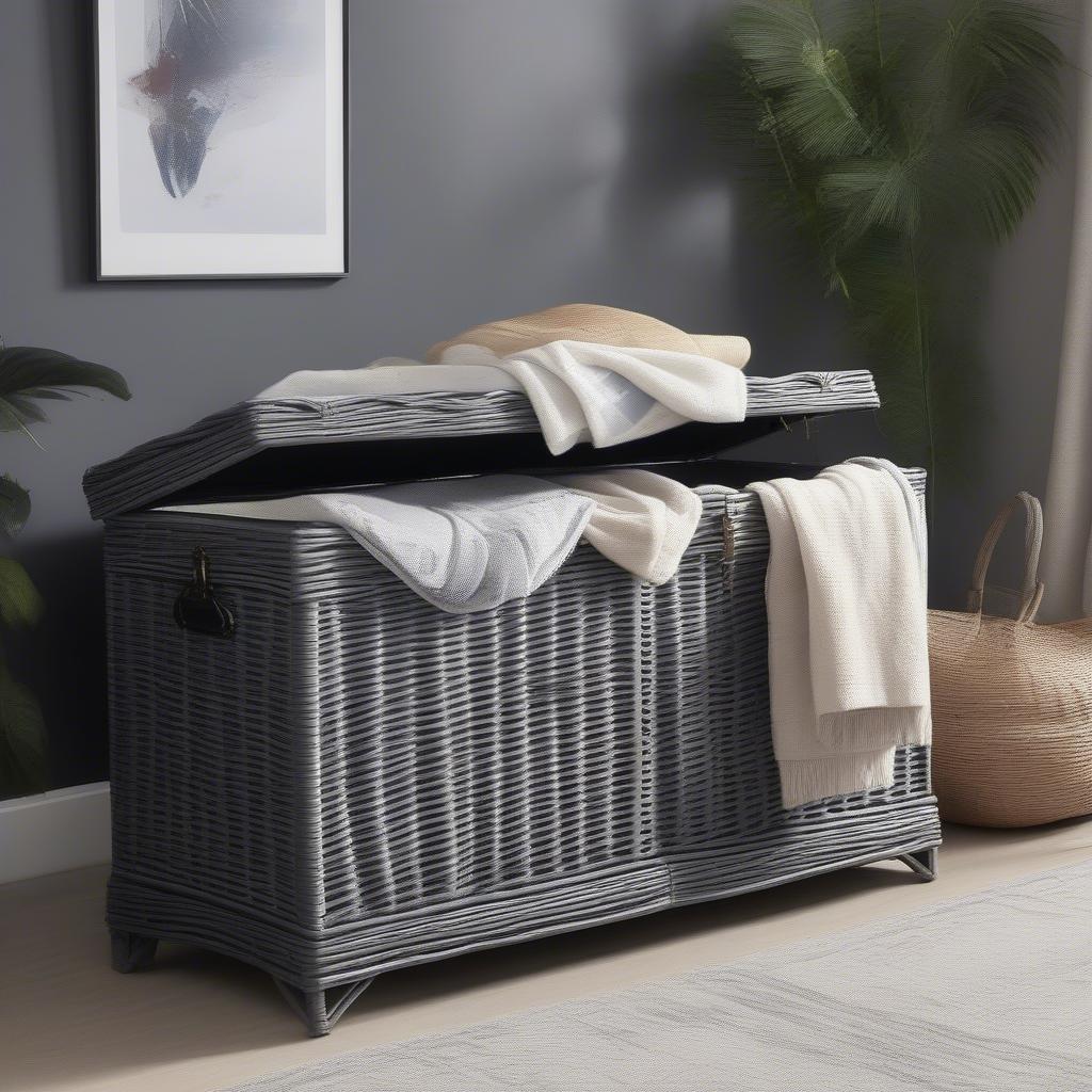 Grey wicker storage chest in a living room setting