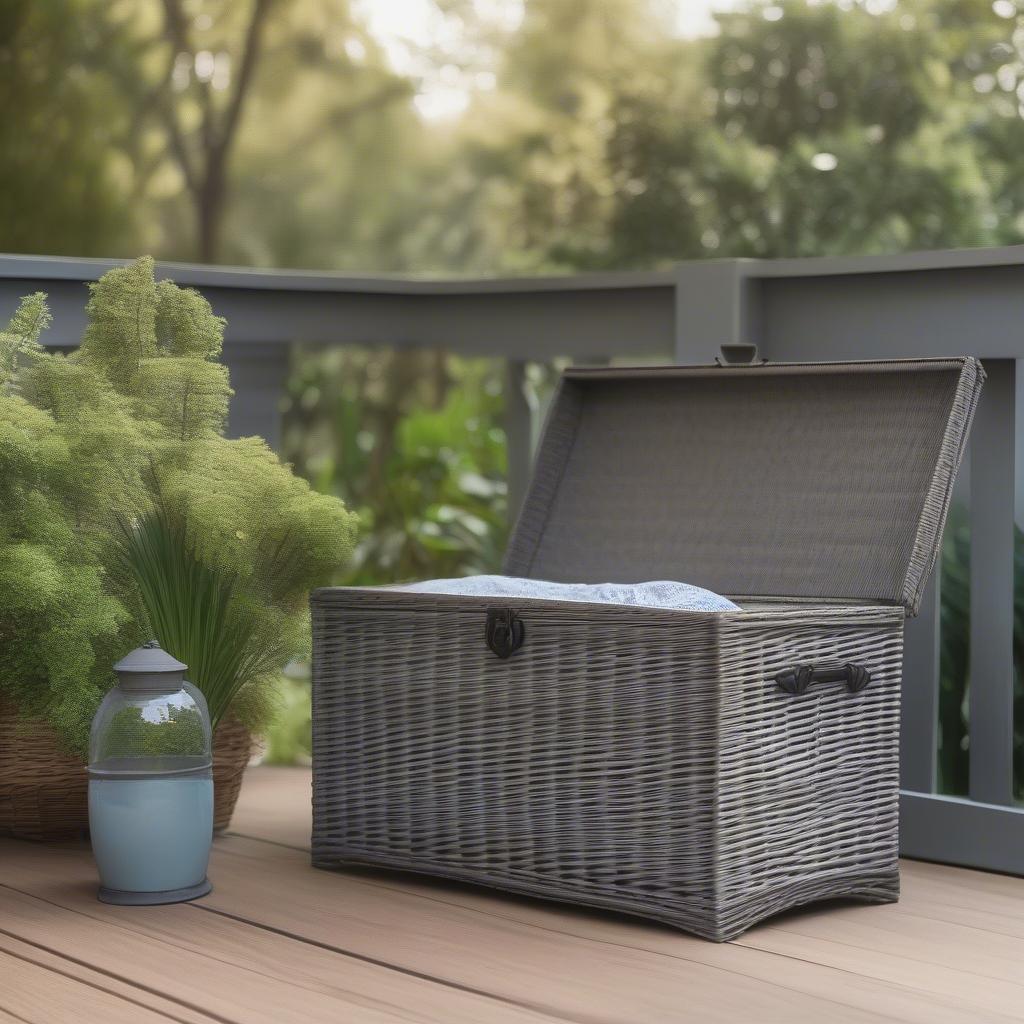 Grey wicker storage chest on a wooden deck.