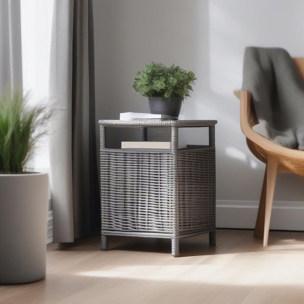 Grey wicker storage cube in a living room setting