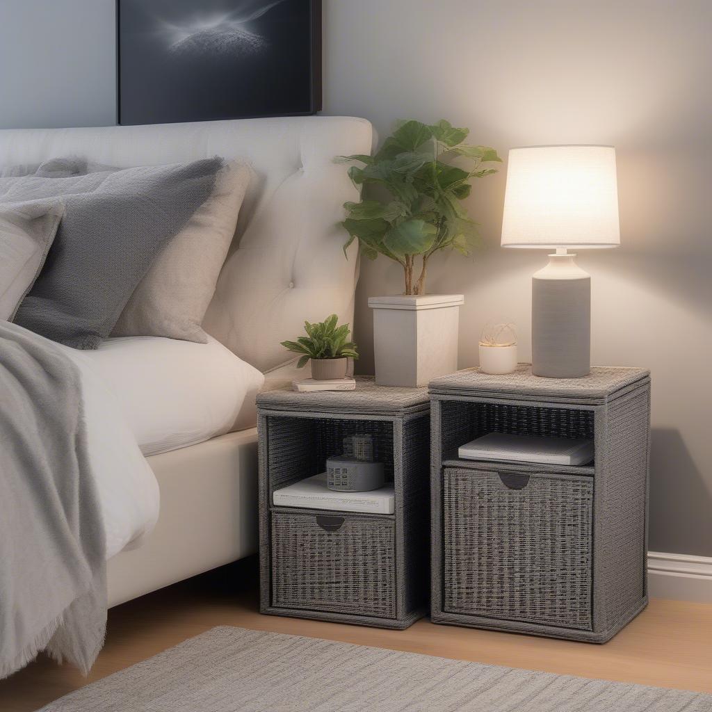 Grey wicker storage cubes used as a nightstand in a bedroom