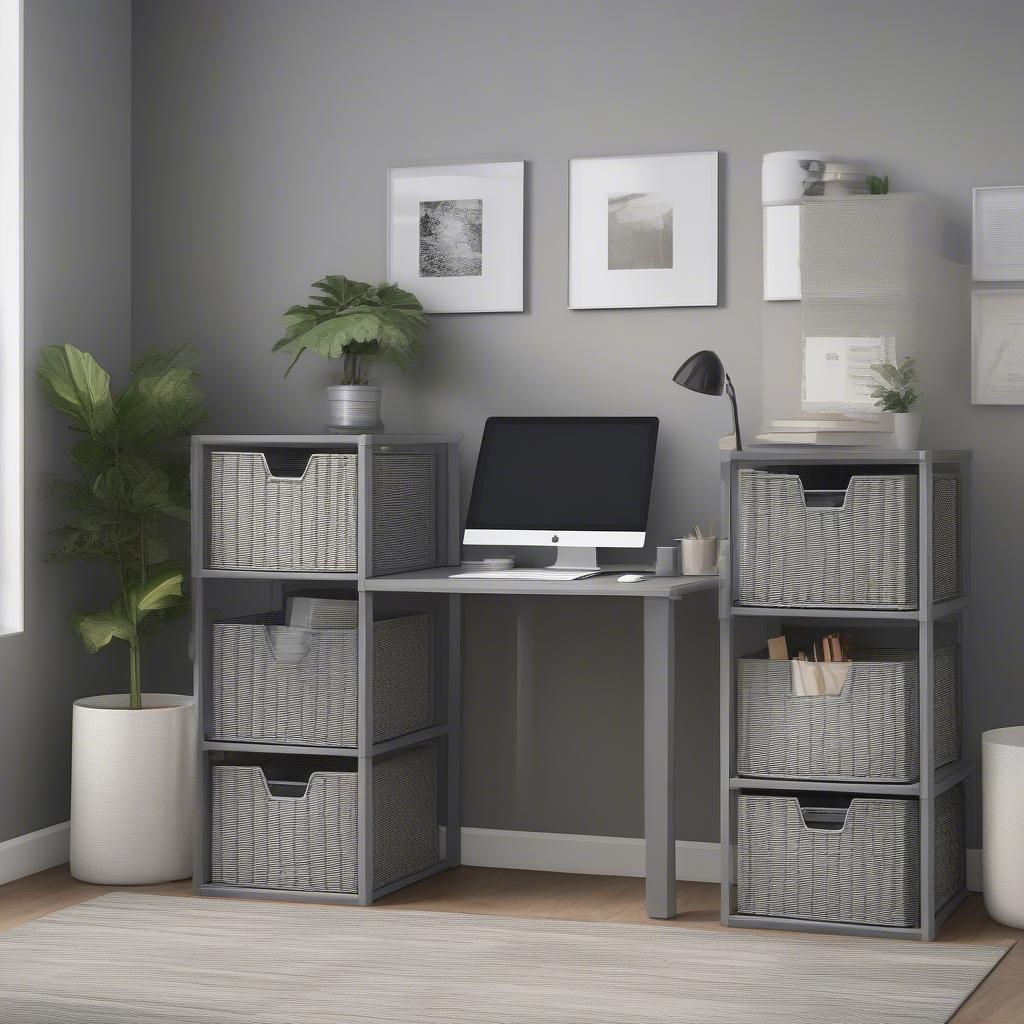 Grey wicker storage cubes used for organization in a home office