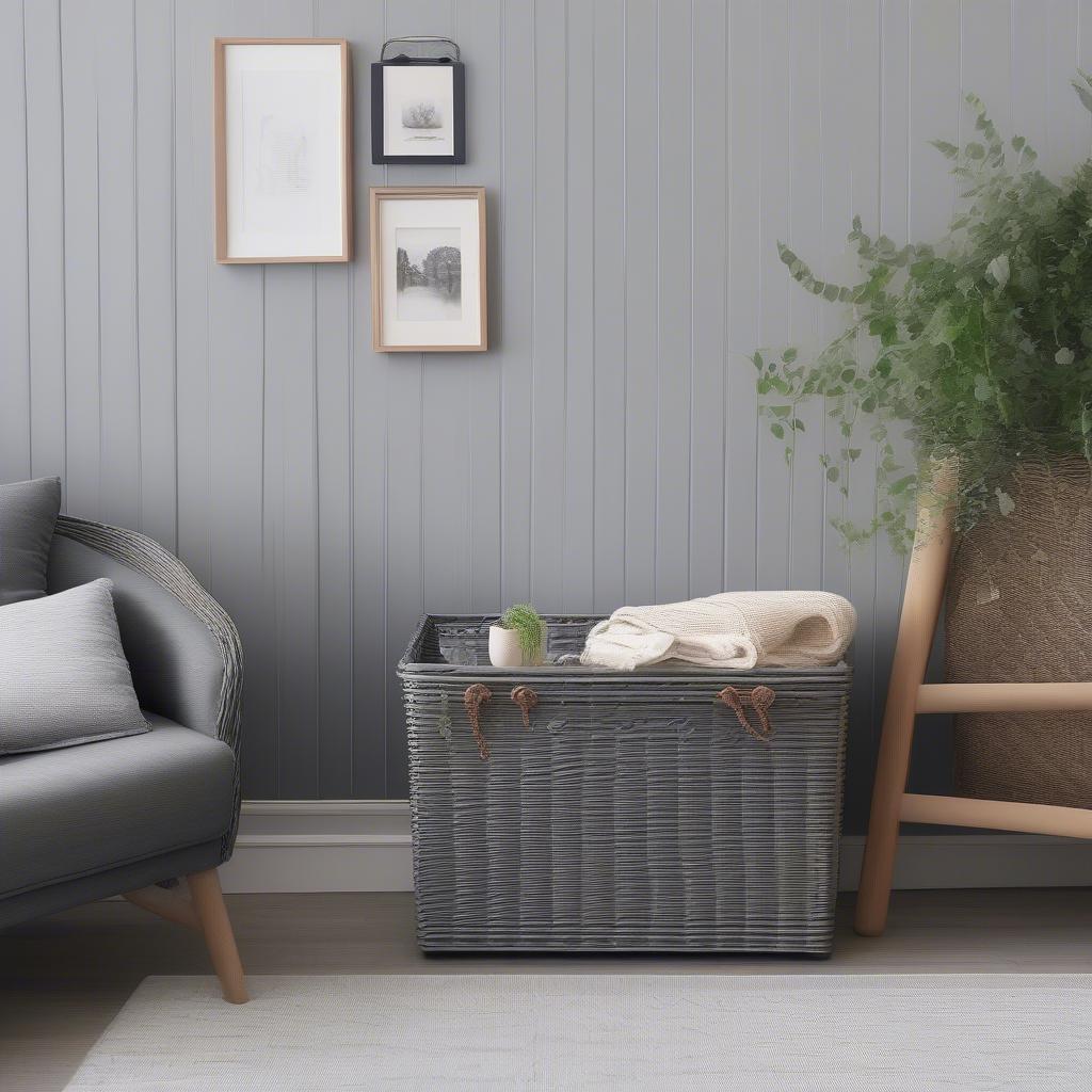 Grey wicker storage hamper in a living room setting