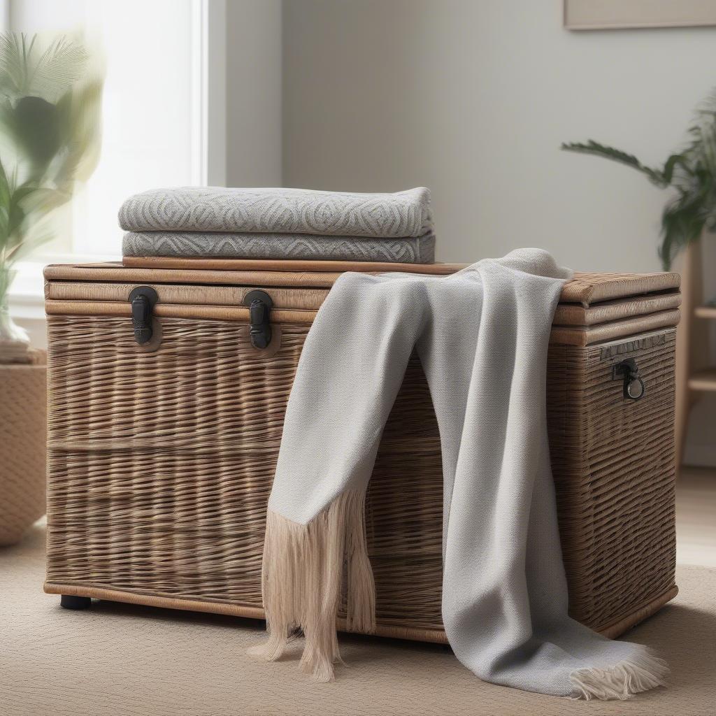 Grey wicker storage trunk in a living room setting