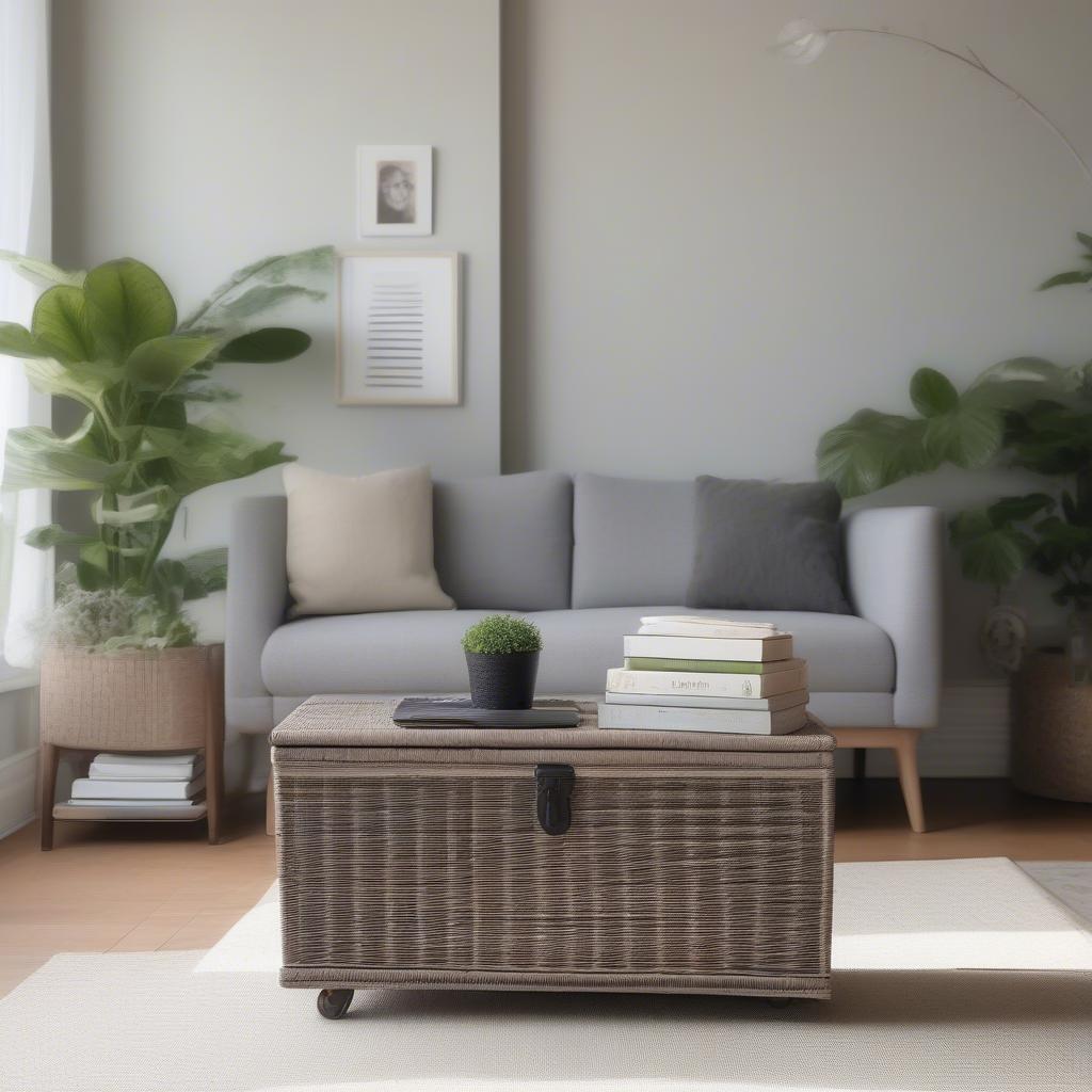 Grey wicker storage trunk in a living room setting